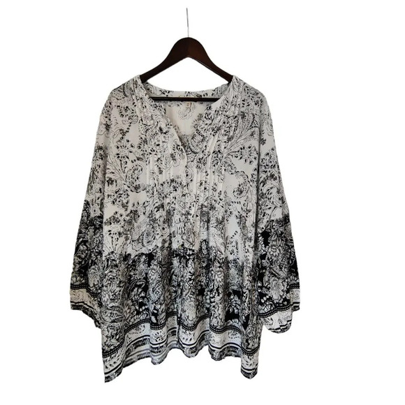 Paisley Floral Print White Black Blouse Long Bell Sleeve Boho Sz XXL 100% Rayon - Picture 2 of 9